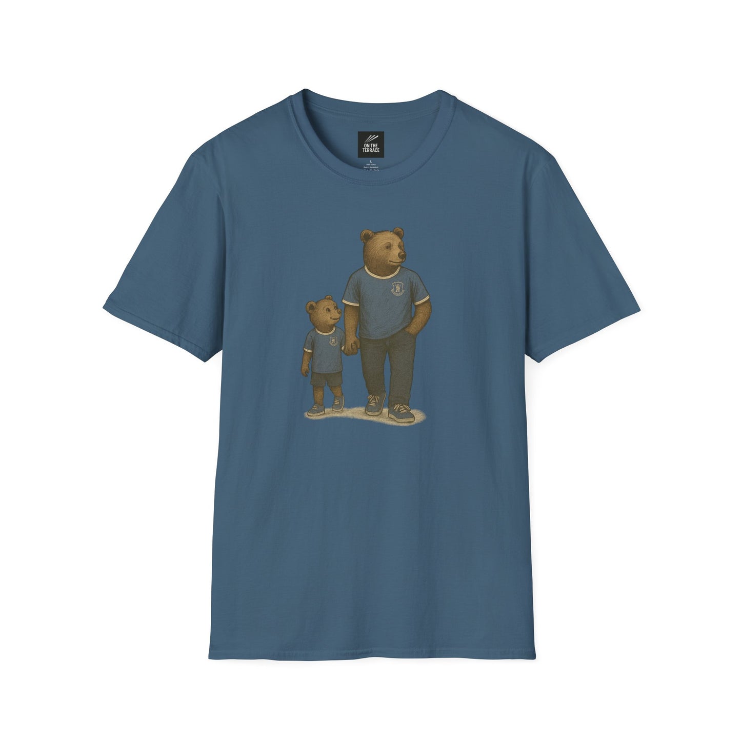 Blue t-shirt with illustration of adult and child bears holding hands wearing matching blue outfits