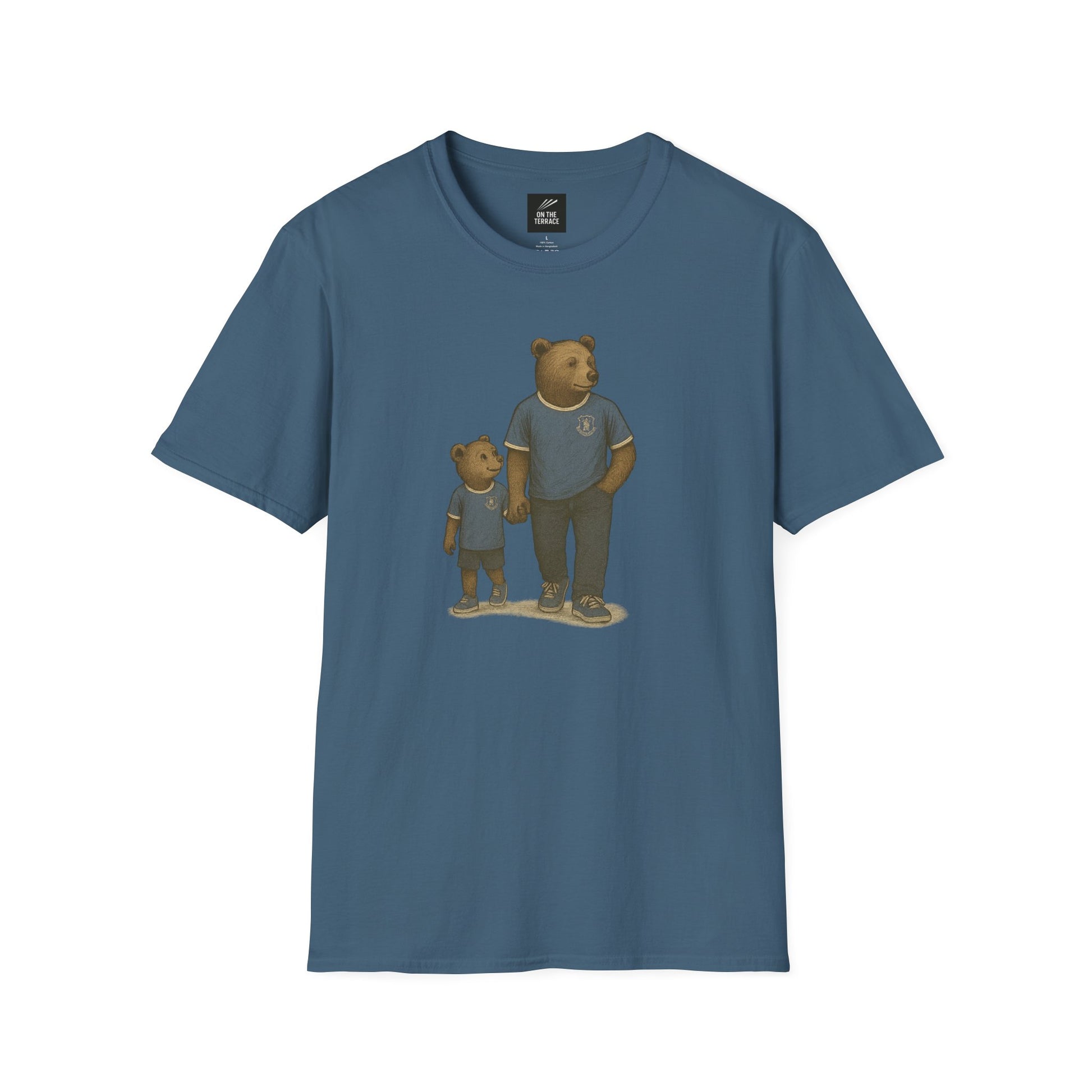 Blue t-shirt with illustration of adult and child bears holding hands wearing matching blue outfits