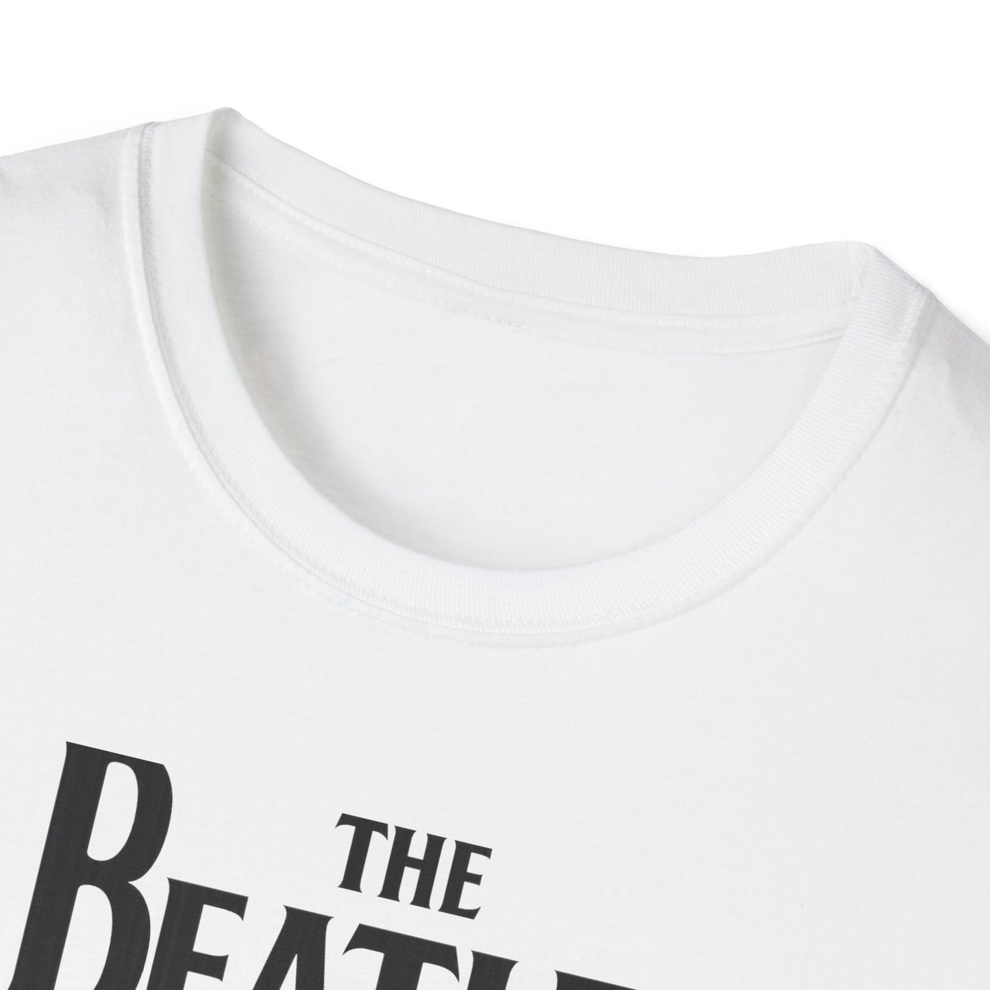 White t-shirt with 'The Beatles' logo on a white background