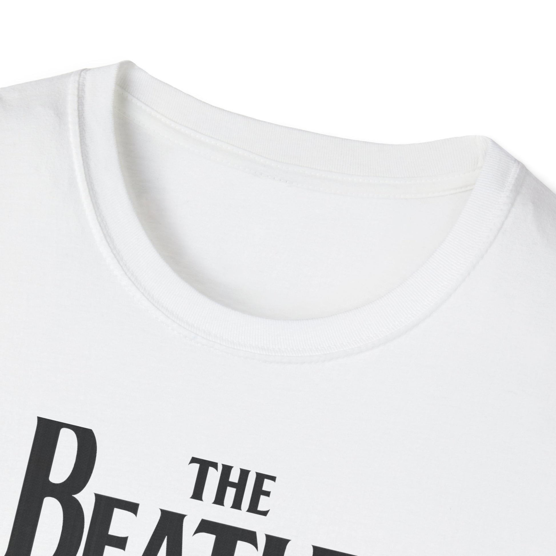 White t-shirt with 'The Beatles' logo on a white background