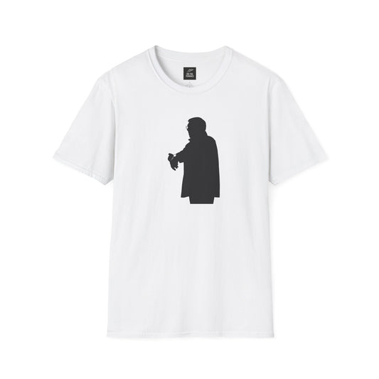 White t-shirt with a black silhouette graphic of a man checking his watch