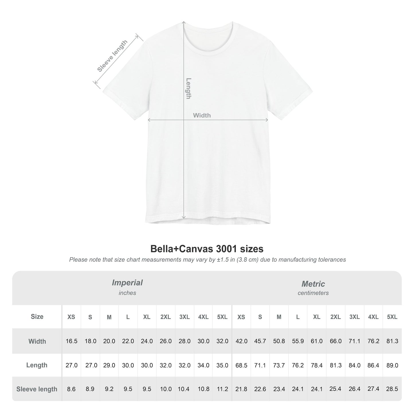 Bella+Canvas 3001 white t-shirt size chart showing width, length, and sleeve length measurements in inches and centimeters