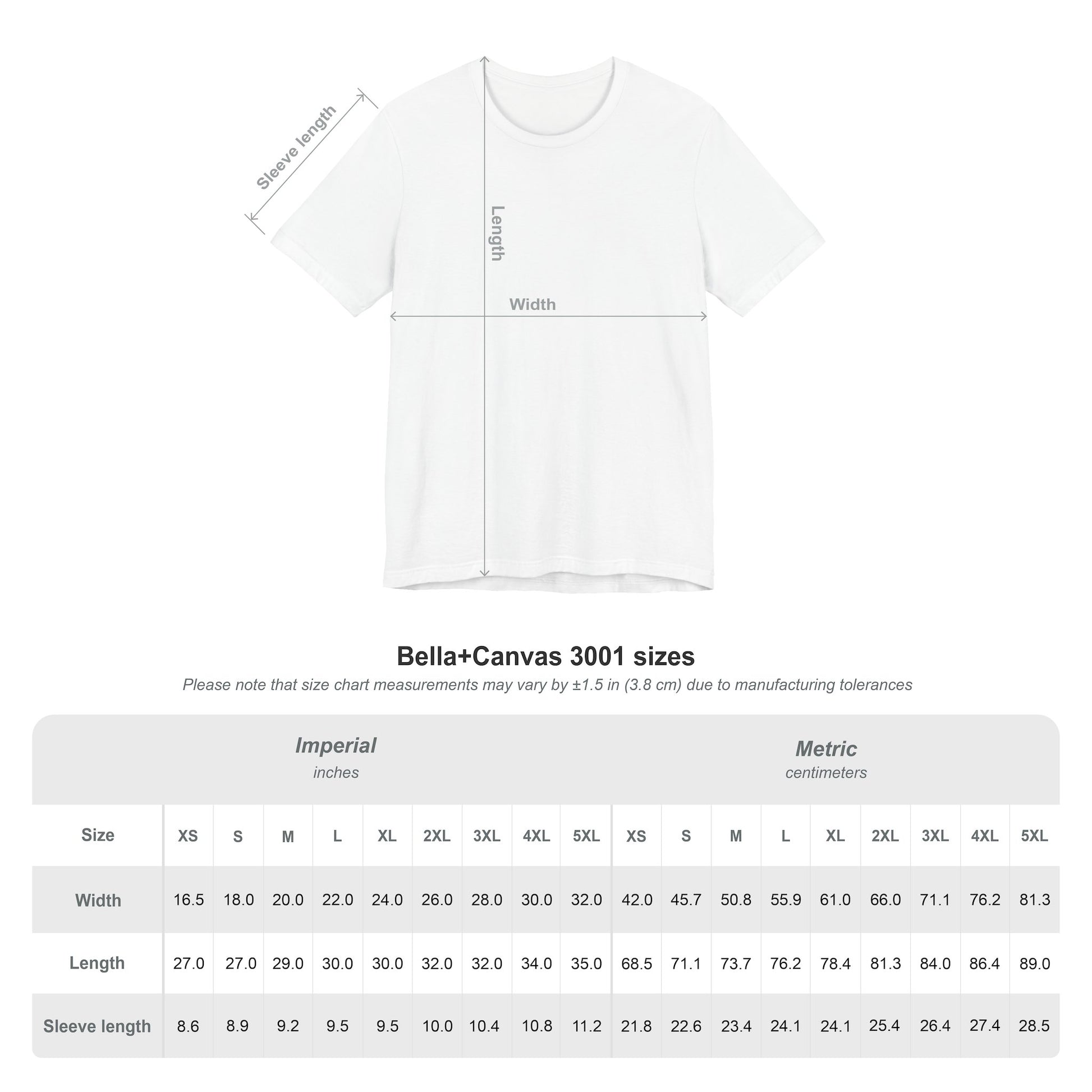 Bella+Canvas 3001 white t-shirt size chart showing width, length, and sleeve length measurements in inches and centimeters