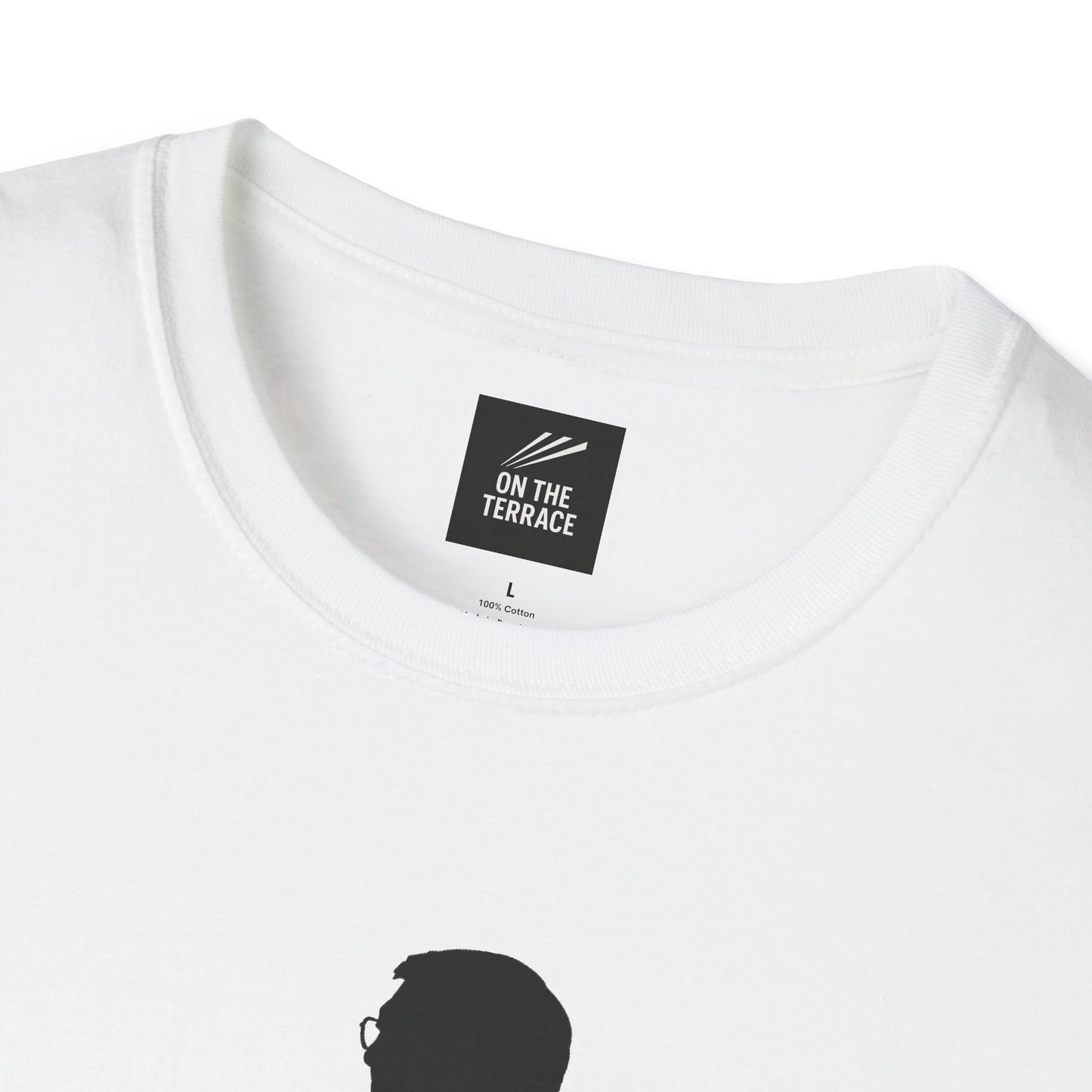 White cotton t-shirt close-up with black On The Terrace label and silhouette print