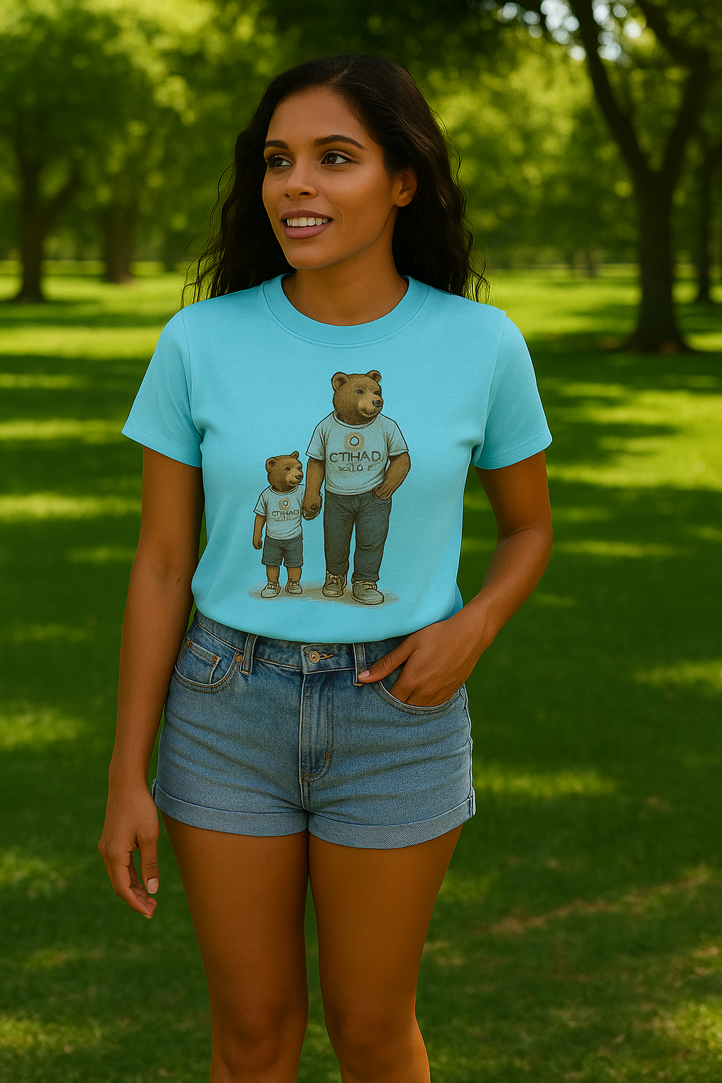 Woman wearing light blue t-shirt with illustrated bears holding hands, standing in green park
