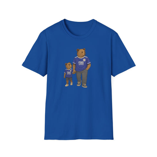 Blue t-shirt with illustration of two bears wearing matching Leicester City football shirts