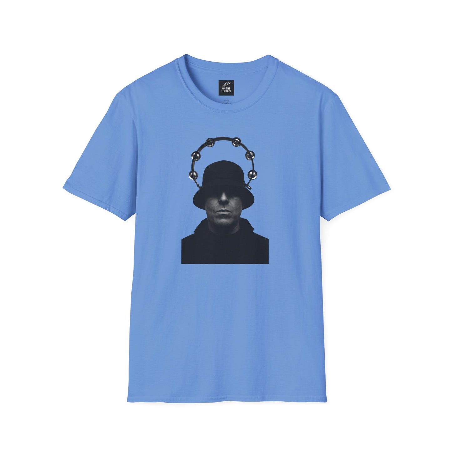 Oasis Liam Gallagher Shirt in sky blue with bold black silhouette and tambourine halo, perfect for Britpop fans and music fashion lovers.