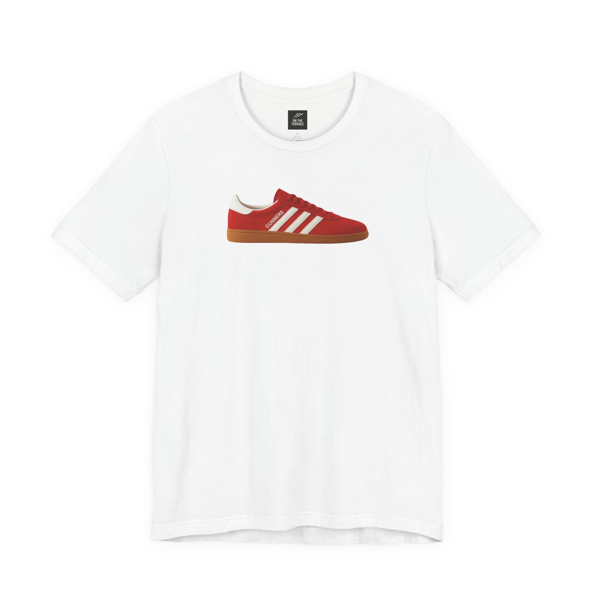White t-shirt with a red sneaker graphic featuring white stripes and gum sole centered on front