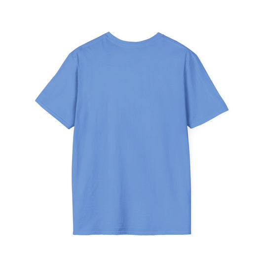 Plain blue short-sleeve cotton T-shirt laid flat showing back side on white background