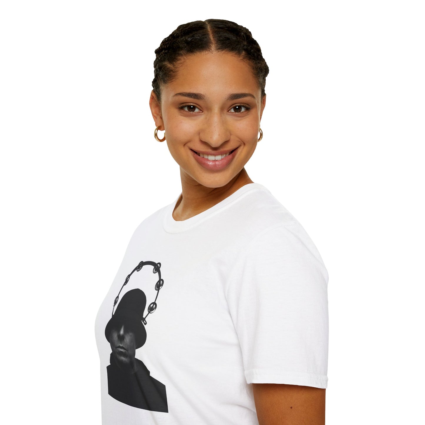 Oasis Liam Gallagher Shirt - Music Fashion | Durable DTG Print featuring black silhouette with tambourine halo on white cotton tee. Ideal for Britpop fans.