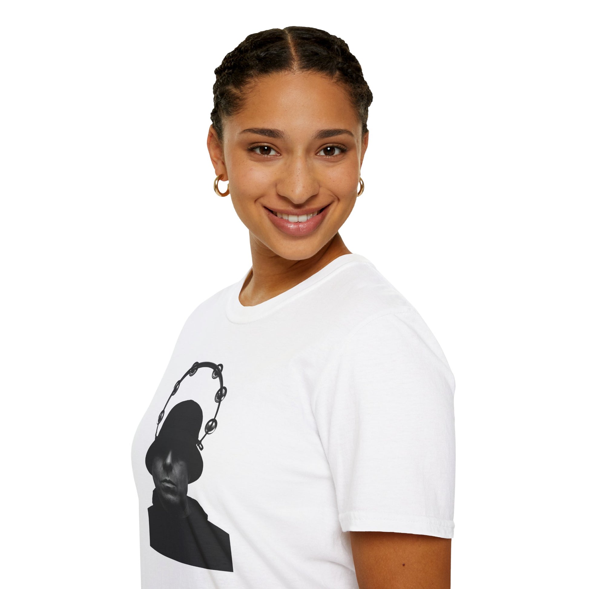 Oasis Liam Gallagher Shirt - Music Fashion | Durable DTG Print featuring black silhouette with tambourine halo on white cotton tee. Ideal for Britpop fans.