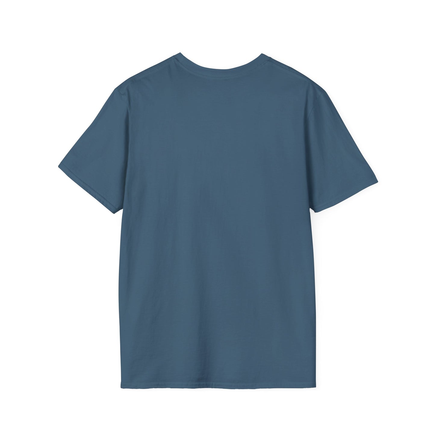 Back view of plain blue crew neck short sleeve t-shirt on white background