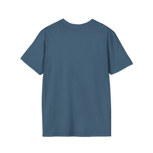 Back view of plain blue crew neck short sleeve t-shirt on white background