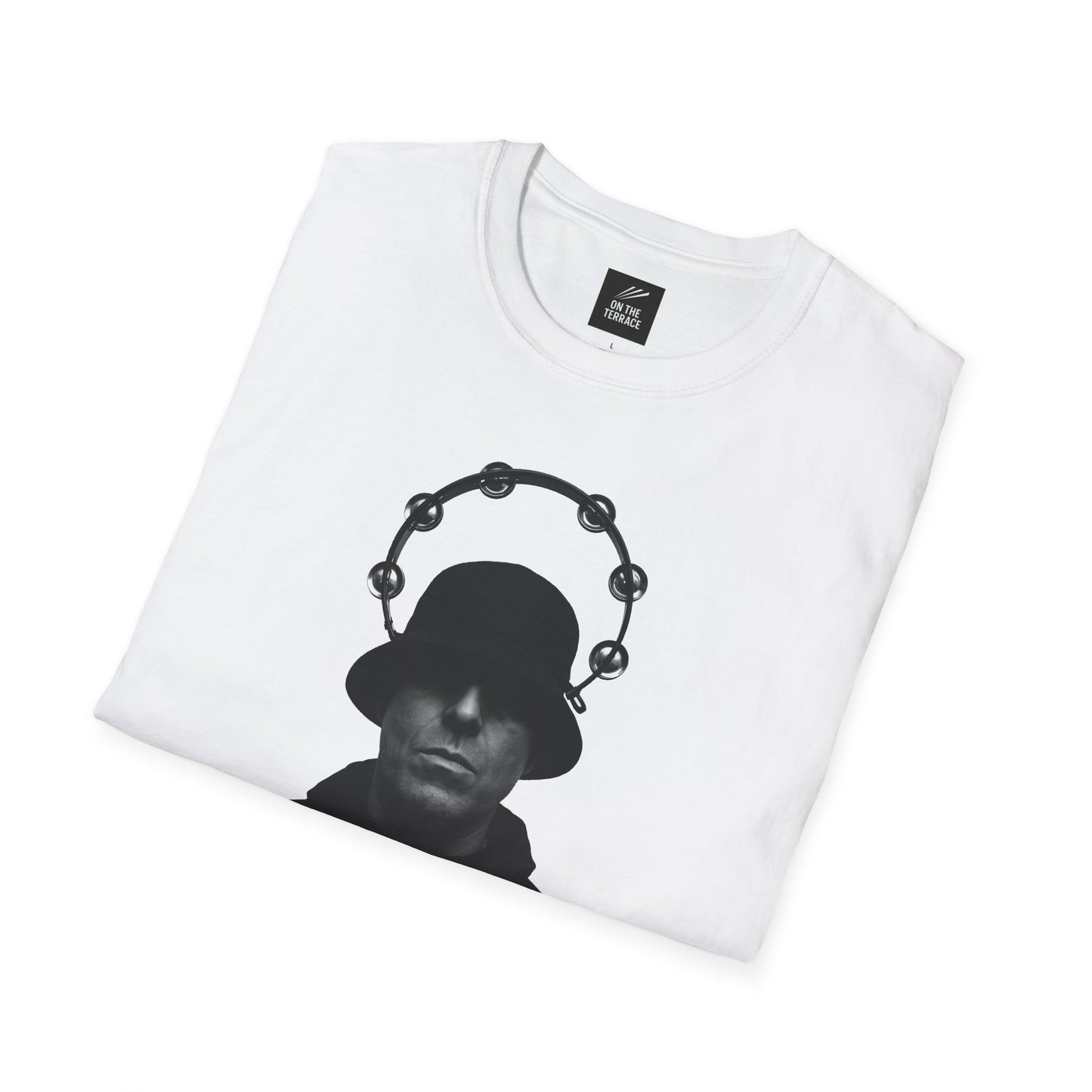 Oasis Liam Gallagher Shirt - Music Fashion | Durable DTG Print featuring black silhouette with tambourine halo on white cotton tee. Ideal for Britpop fans.