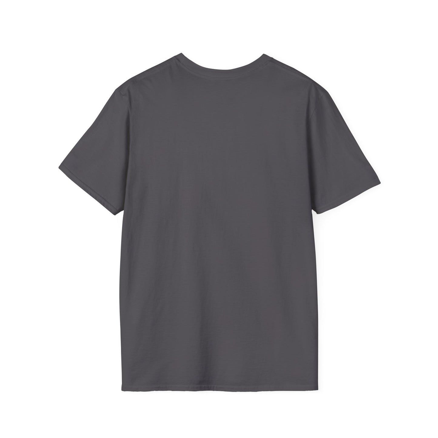 Back view of plain dark gray short sleeve cotton t-shirt on white background