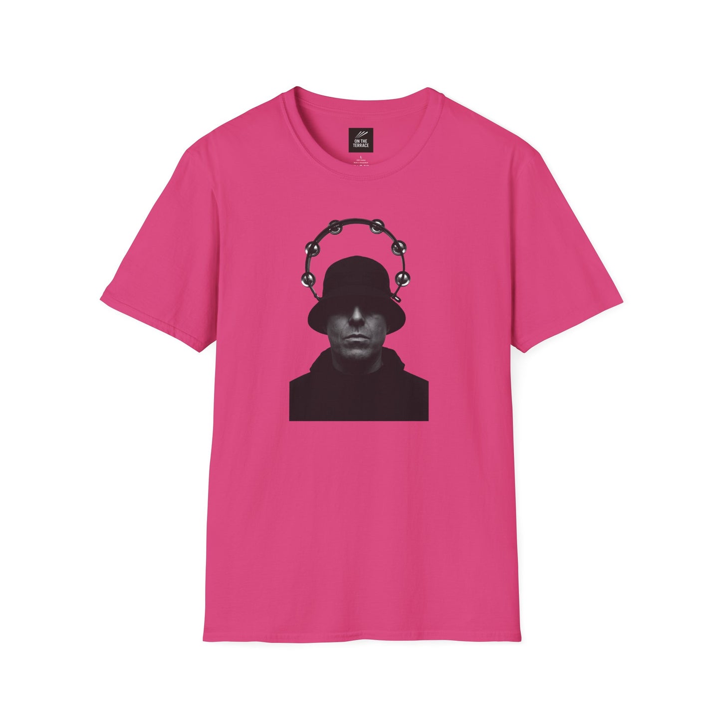 Oasis Liam Gallagher Shirt in pink with bold black silhouette and tambourine halo, perfect for Britpop fans and music fashion lovers.