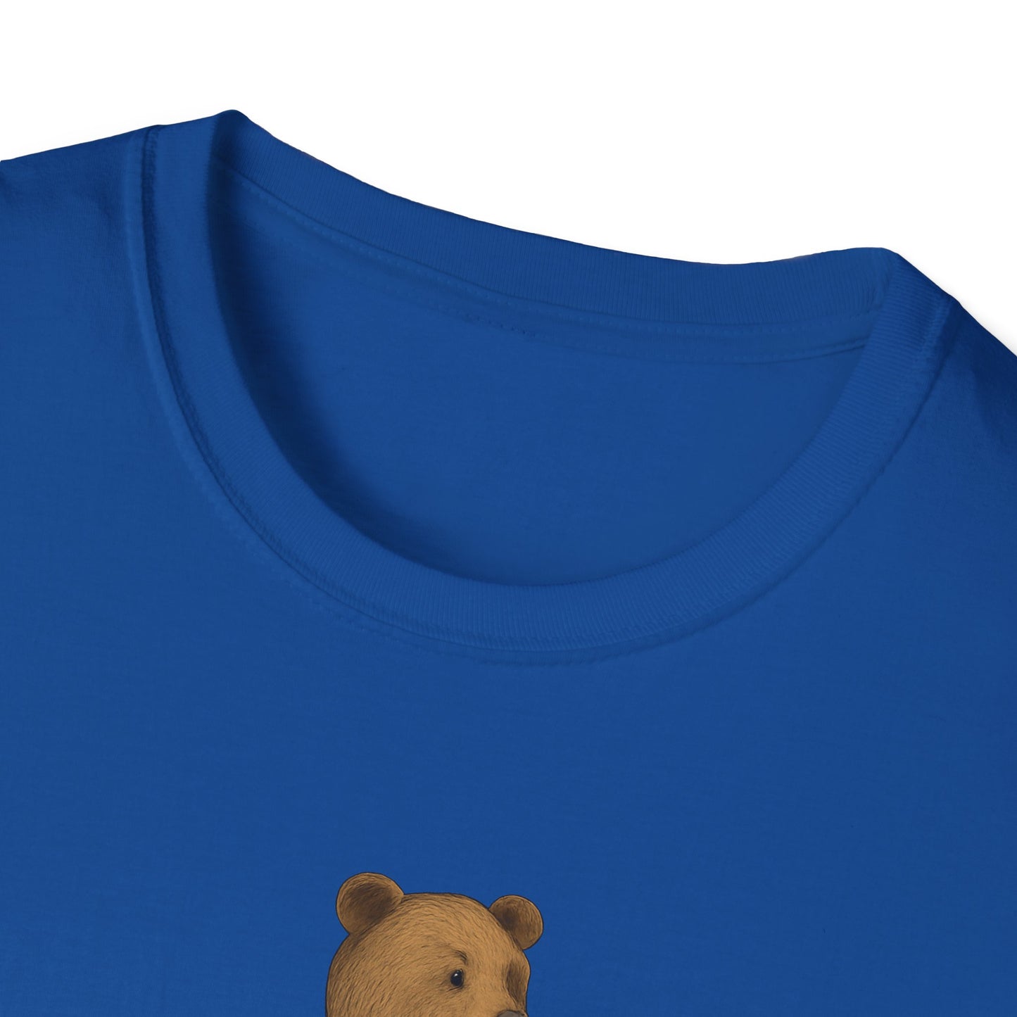 Close-up of royal blue cotton t-shirt neckline with brown bear graphic print