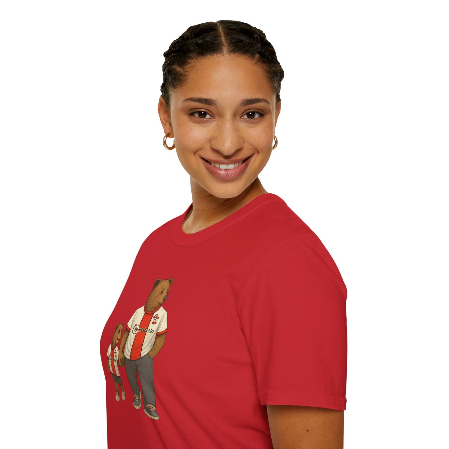 Smiling woman wearing red t-shirt with cartoon bears in sports jerseys illustration