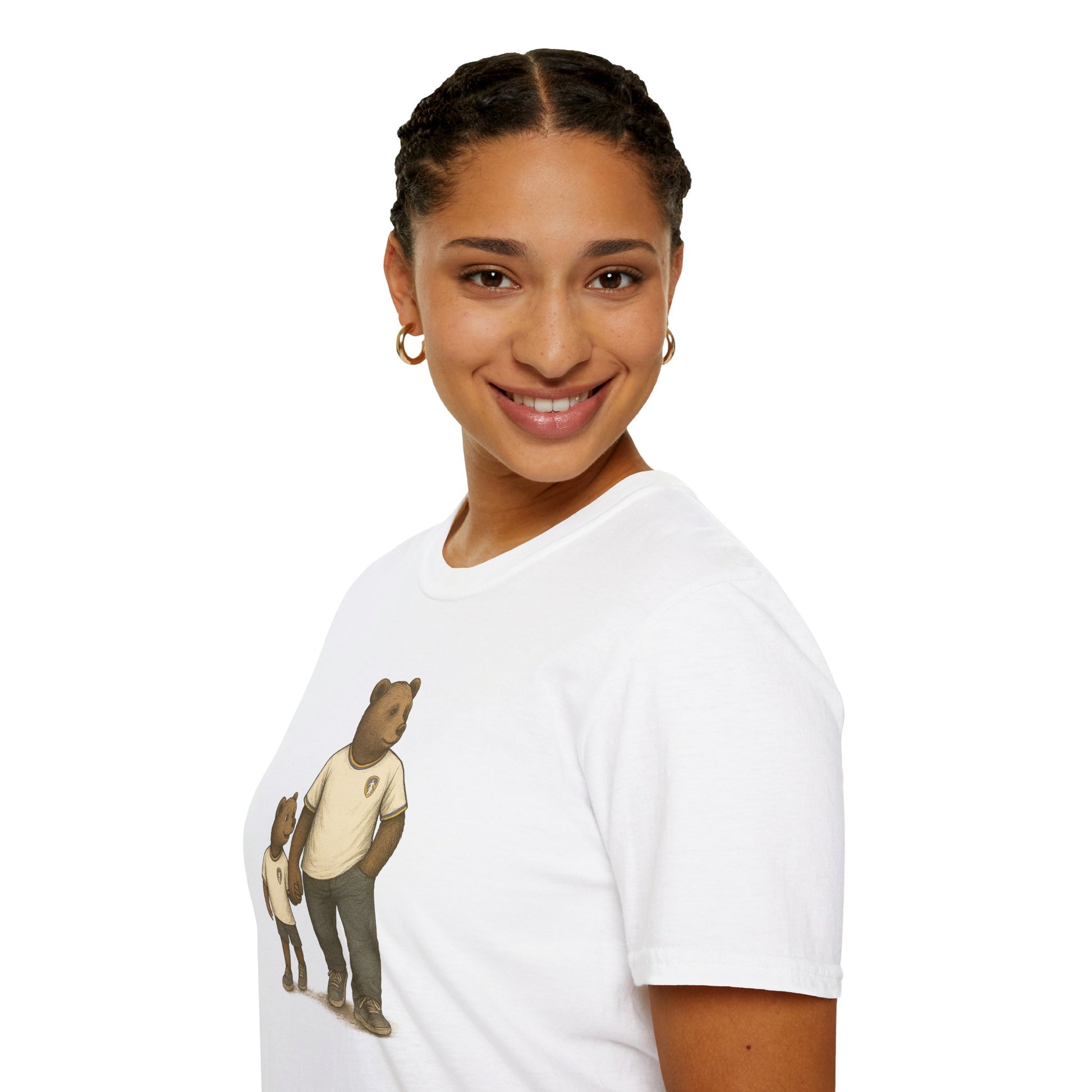 Smiling woman wearing white t-shirt with cartoon bears walking design and gold hoop earrings