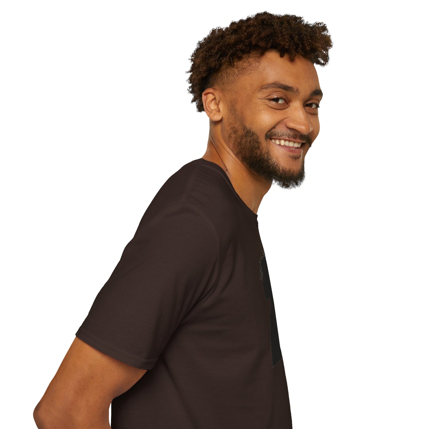 Smiling man with curly hair wearing a black t-shirt on a white background