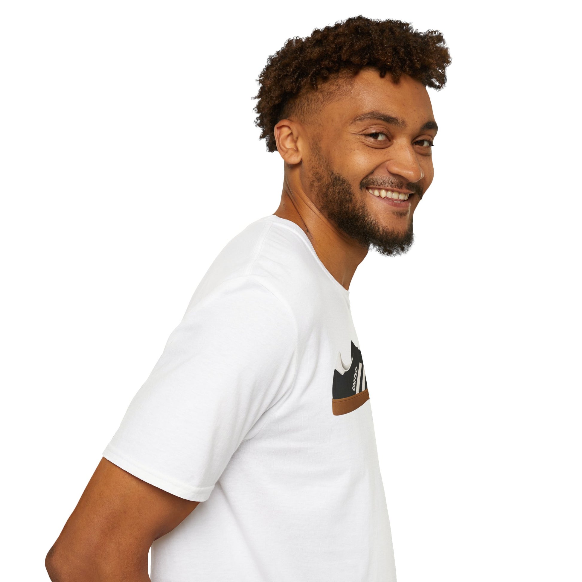 Smiling man in white t-shirt with brown and black sneaker graphic on white background
