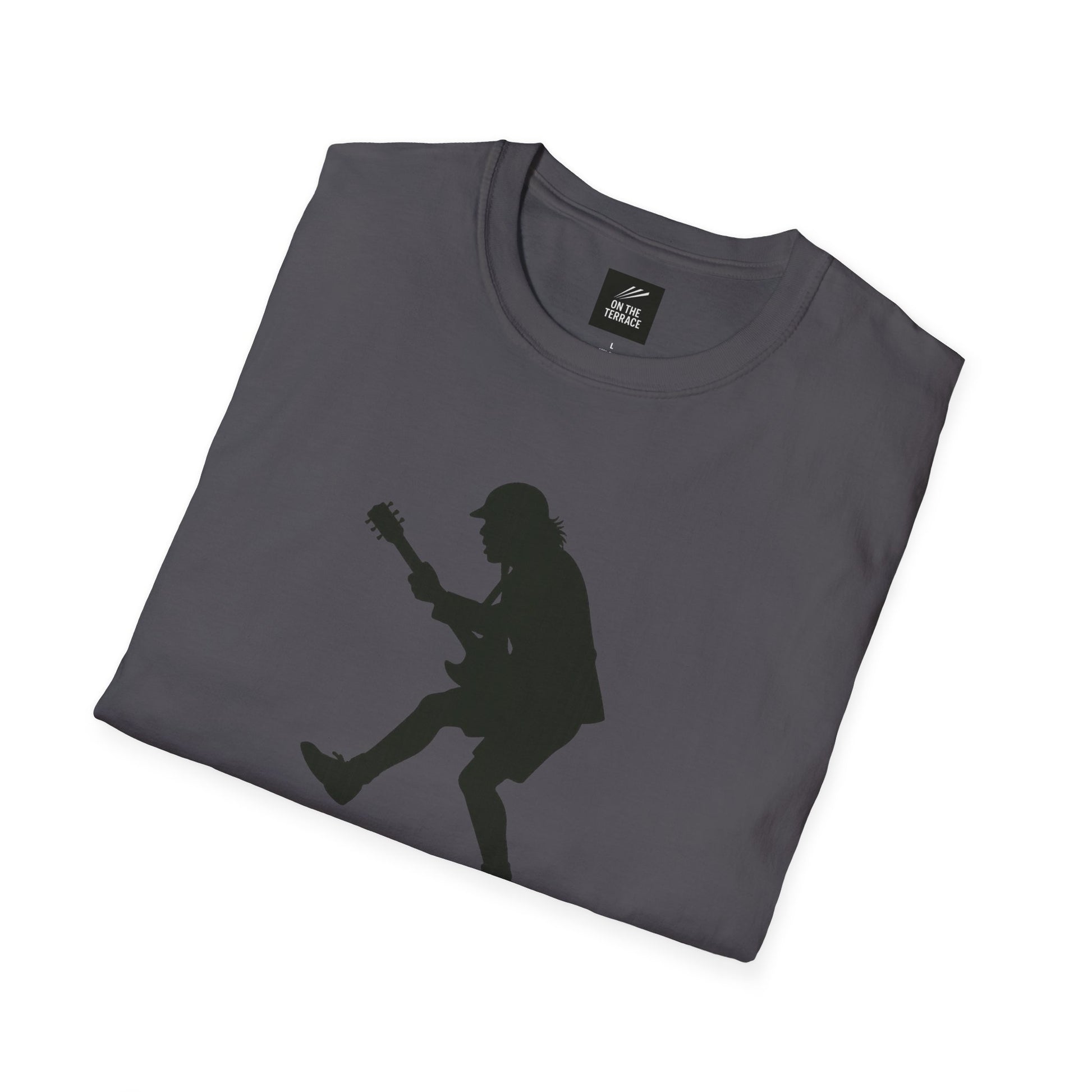 Folded dark gray t-shirt featuring black silhouette of guitarist playing electric guitar