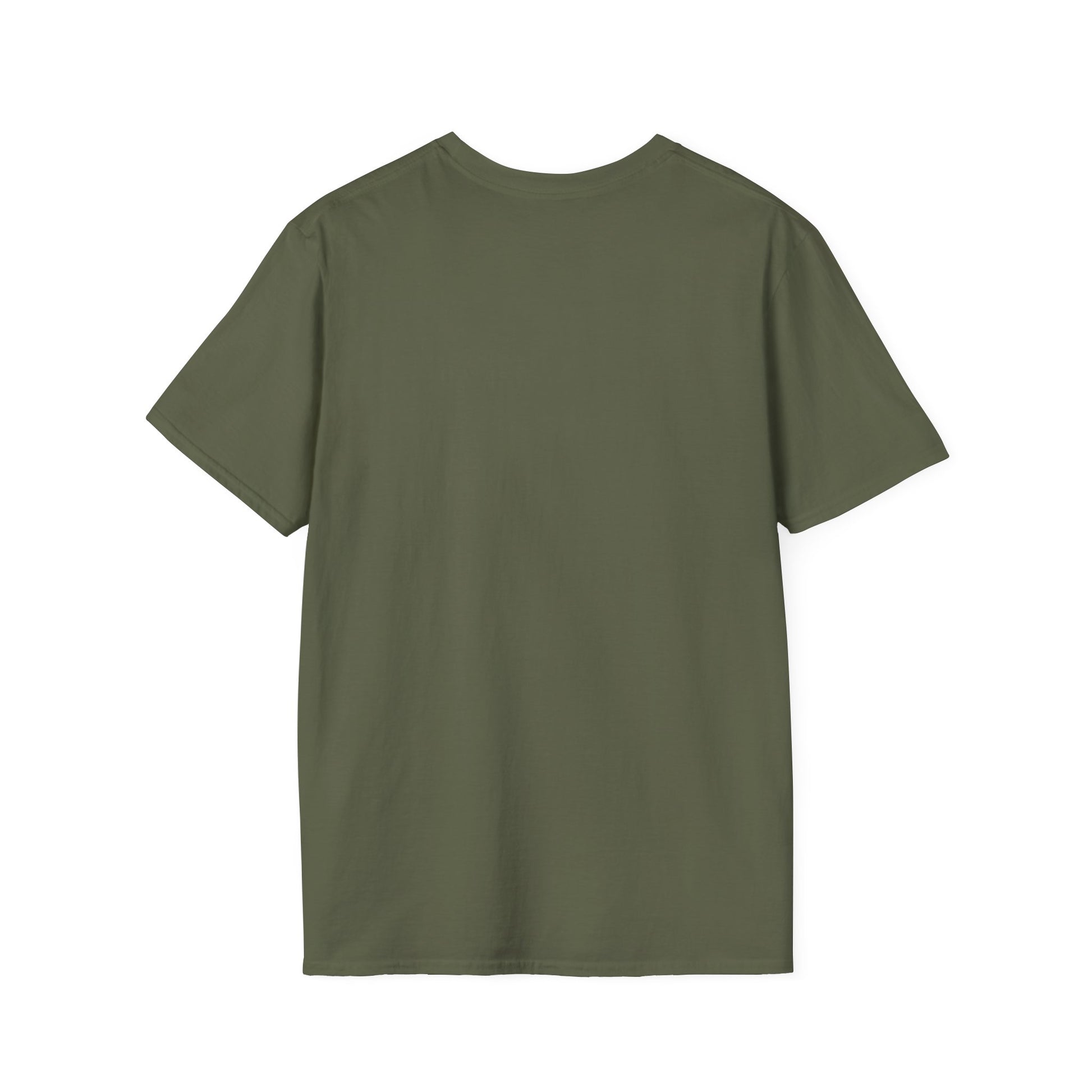 Back view of a plain olive green short-sleeve cotton t-shirt on white background