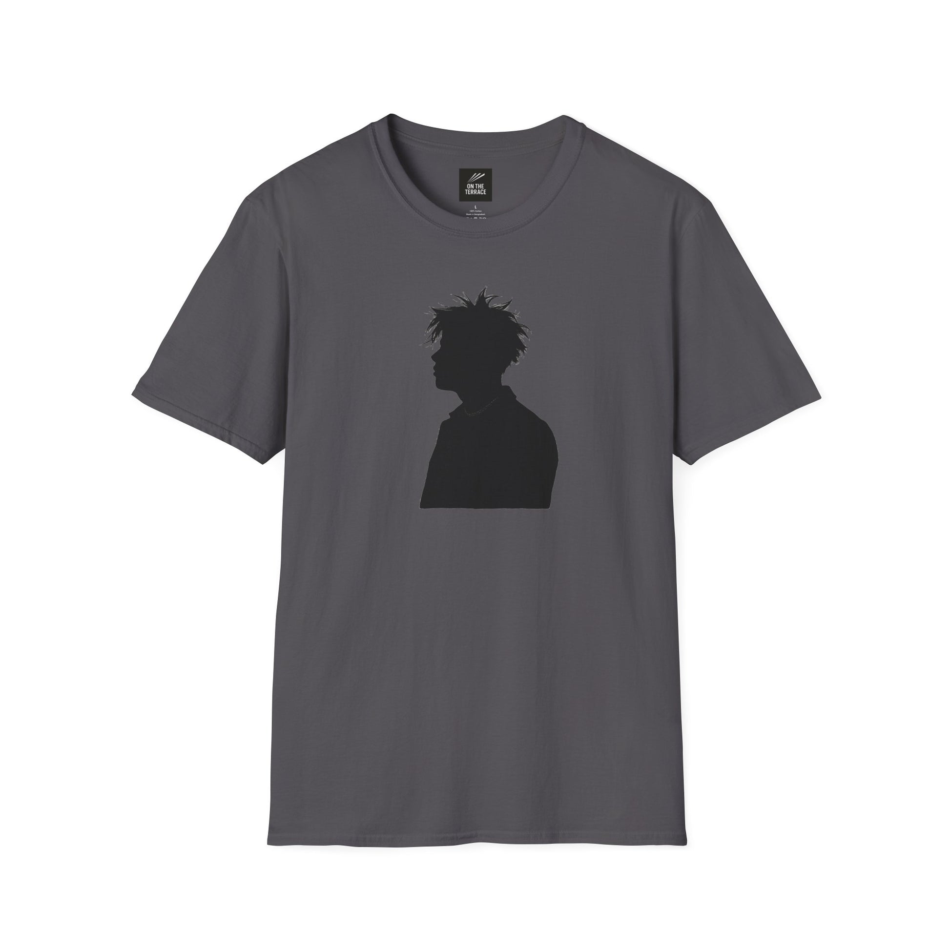 Gray T-shirt with black silhouette of a person with spiky hair printed on front, casual cotton tee