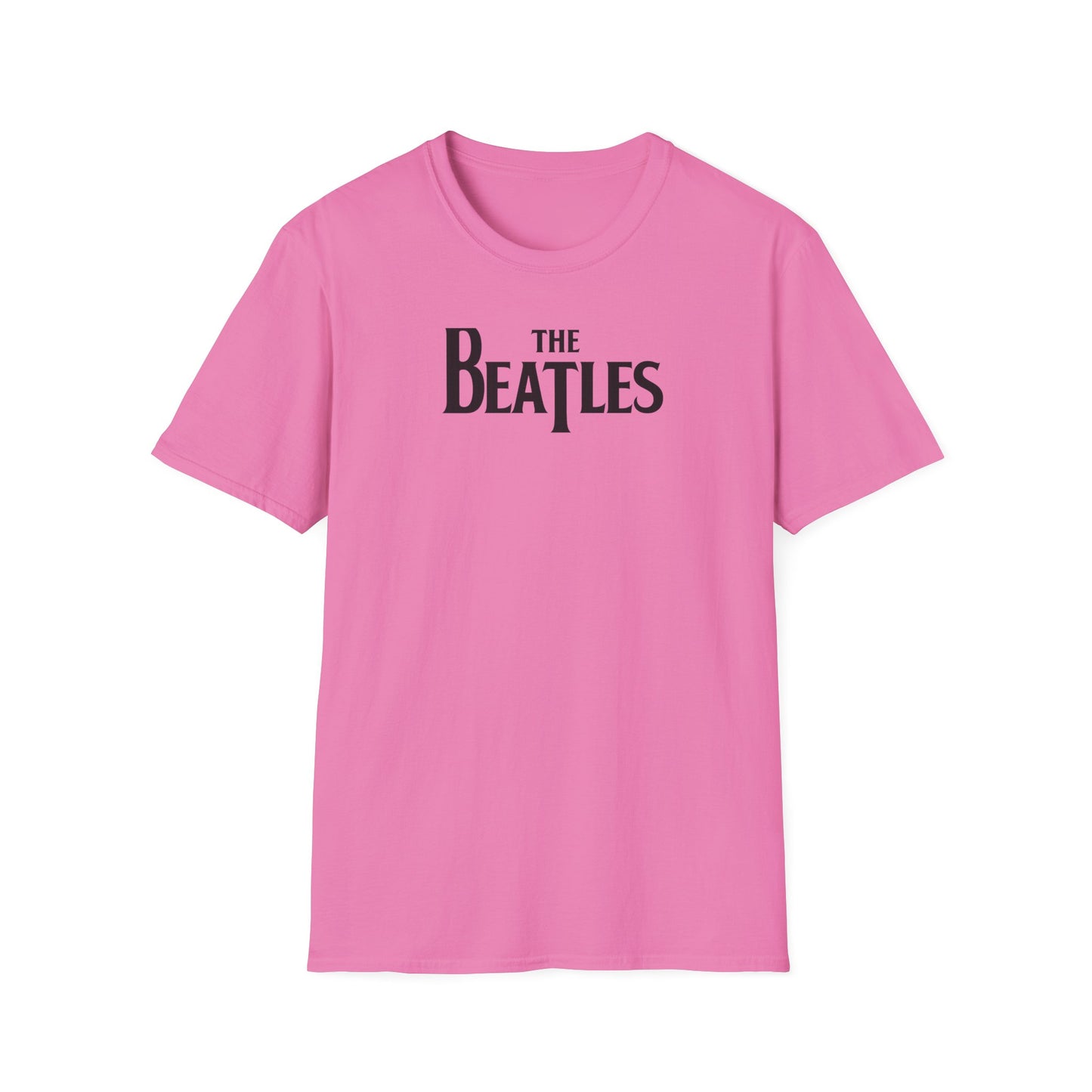 Pink t-shirt with 'The Beatles' logo on a white background