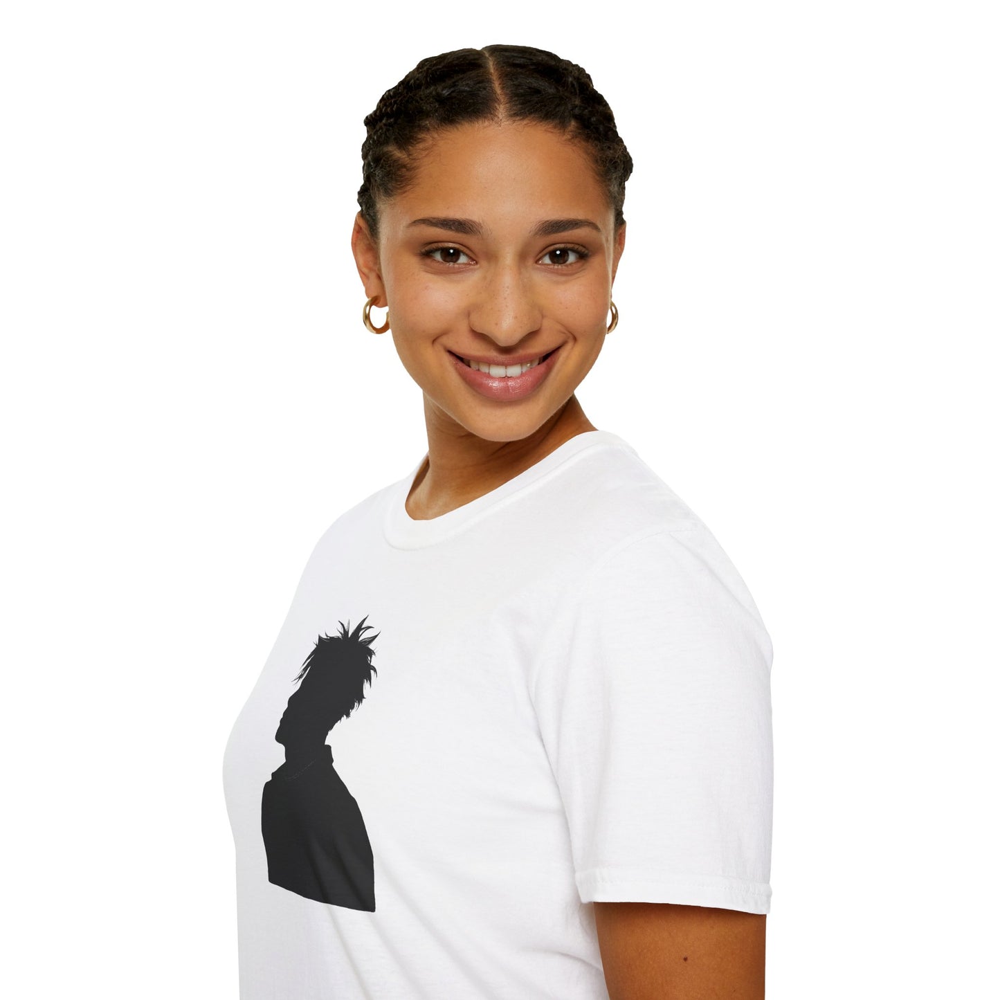Smiling woman with braided hair wearing white t-shirt with black silhouette print and gold hoop earrings