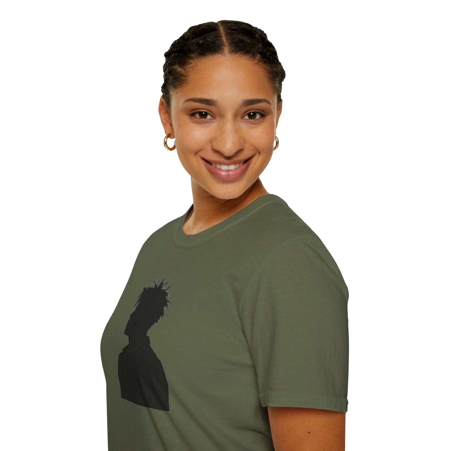 Smiling woman with braided hair wearing olive green t-shirt with black silhouette print