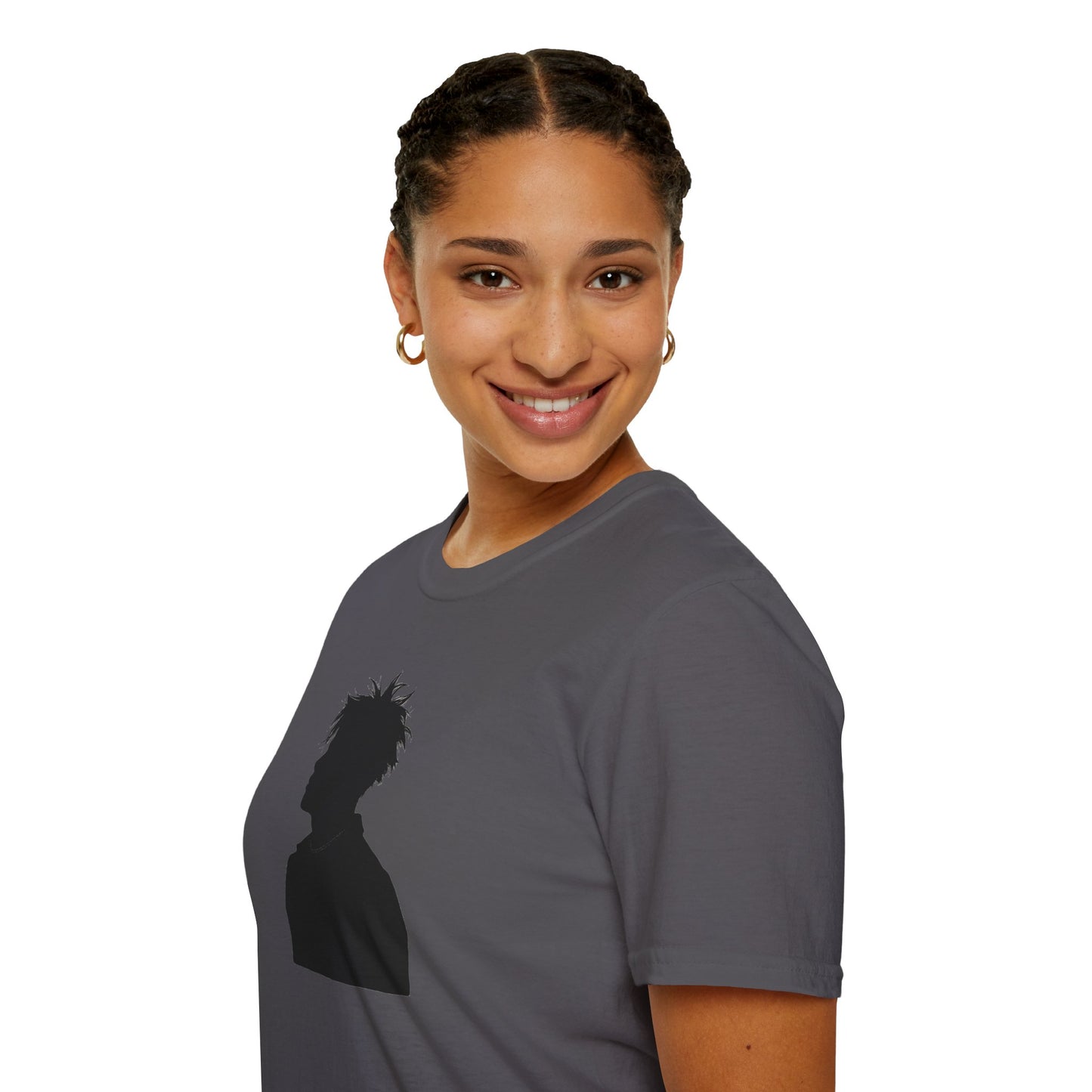 Smiling woman with braided hair wearing gray t-shirt featuring black silhouette print on white background