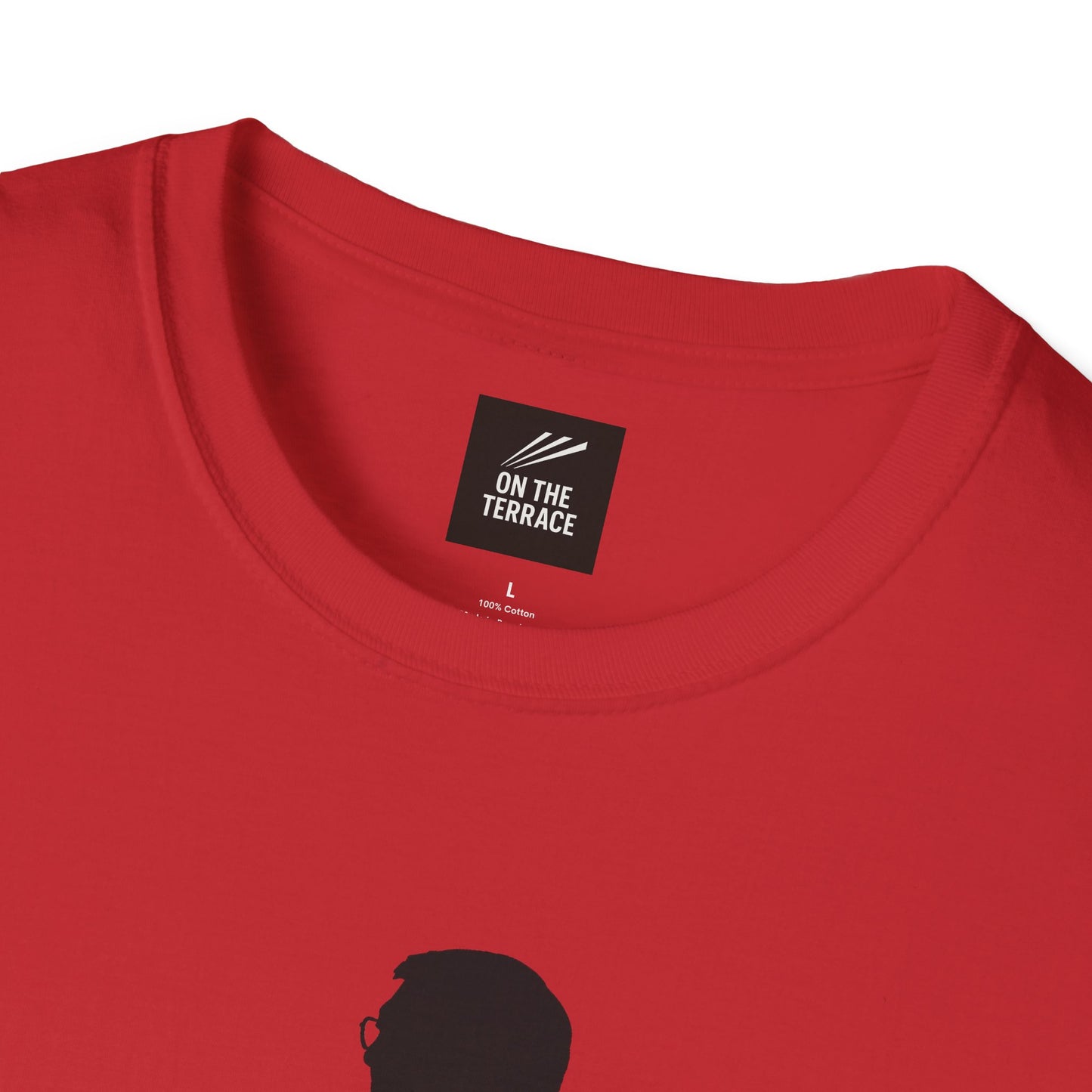 Red cotton t-shirt with On The Terrace brand label and round neckline close-up