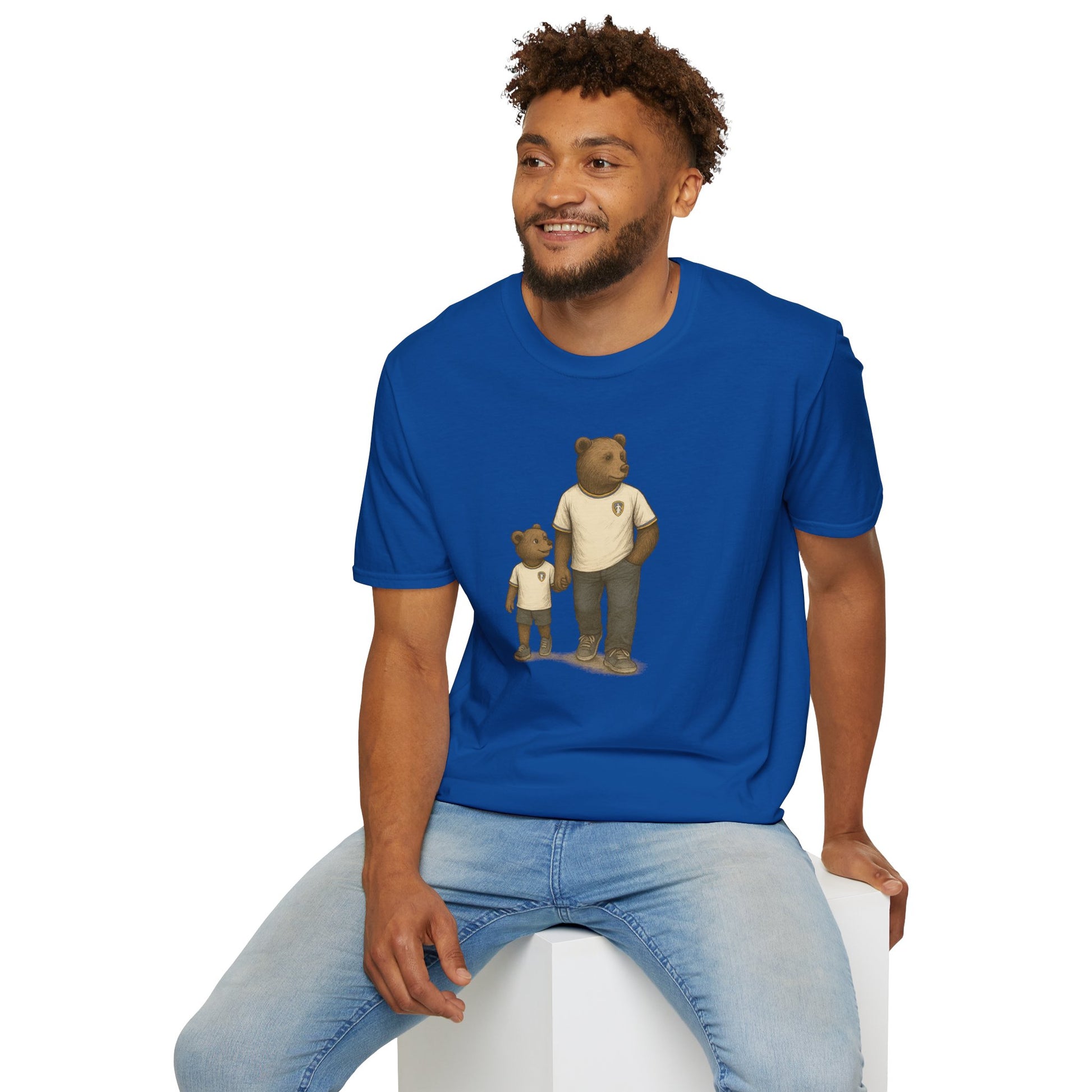 Man wearing blue t-shirt with illustration of adult and child bears holding hands on front