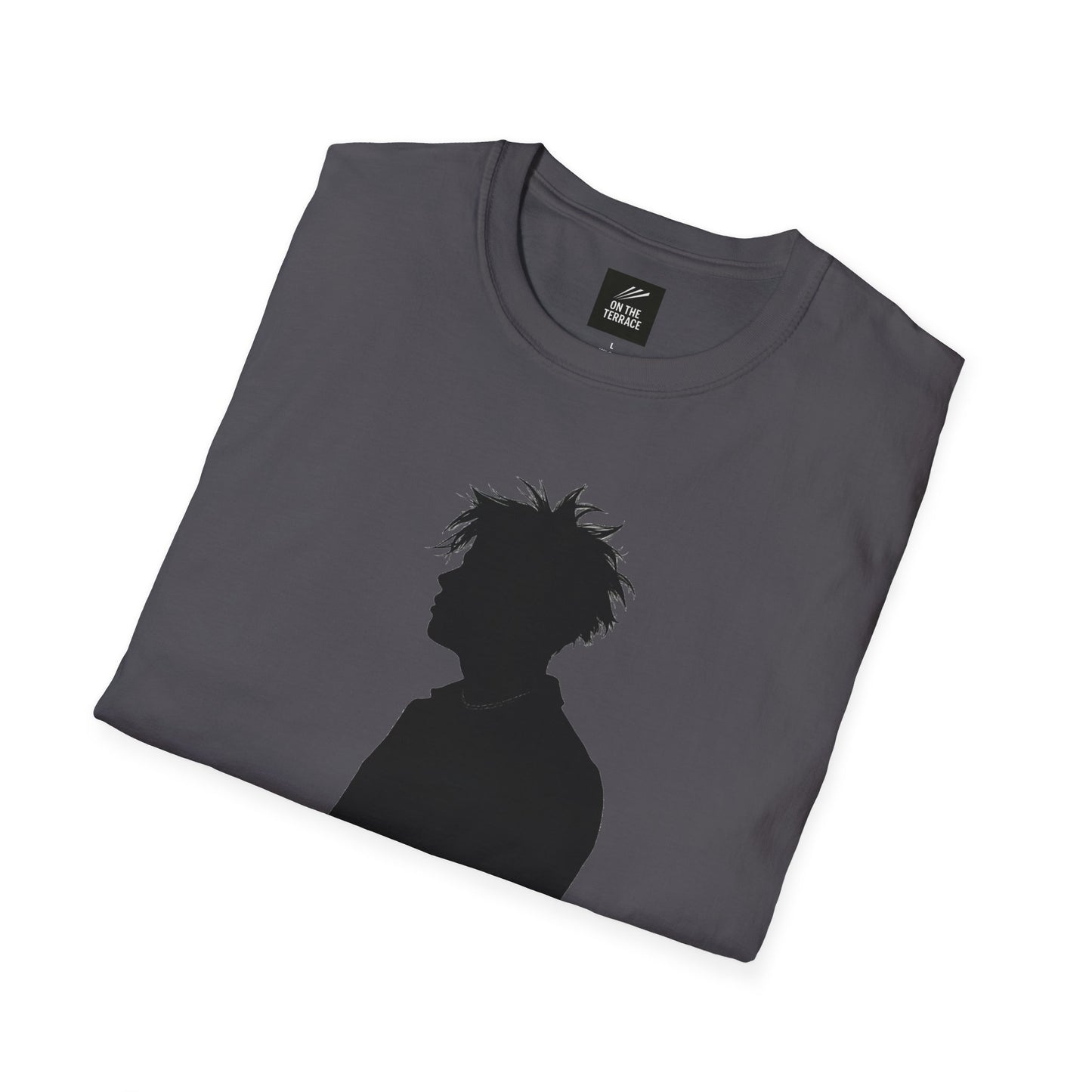 Folded dark gray t-shirt with a black silhouette of a person with spiky hair and a necklace