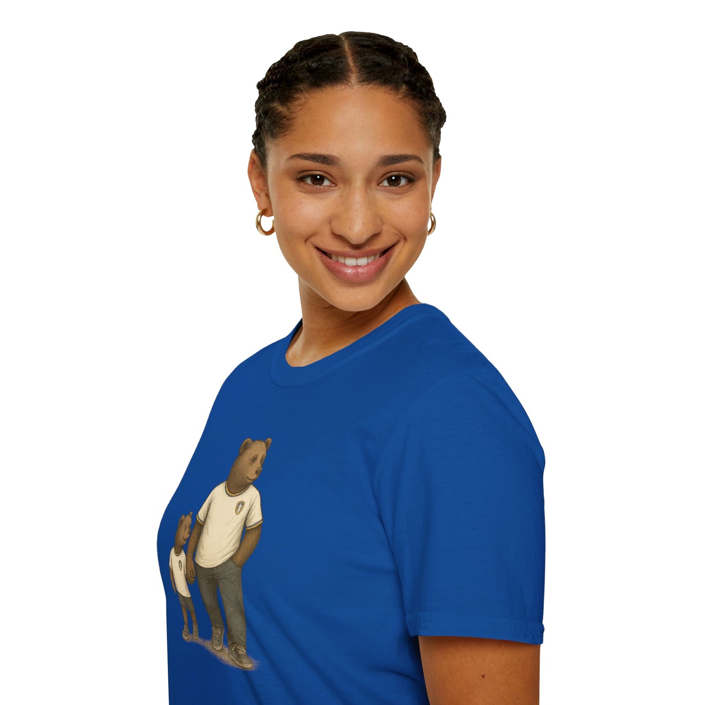Smiling woman wearing blue T-shirt with bear graphic holding hands, isolated on white background