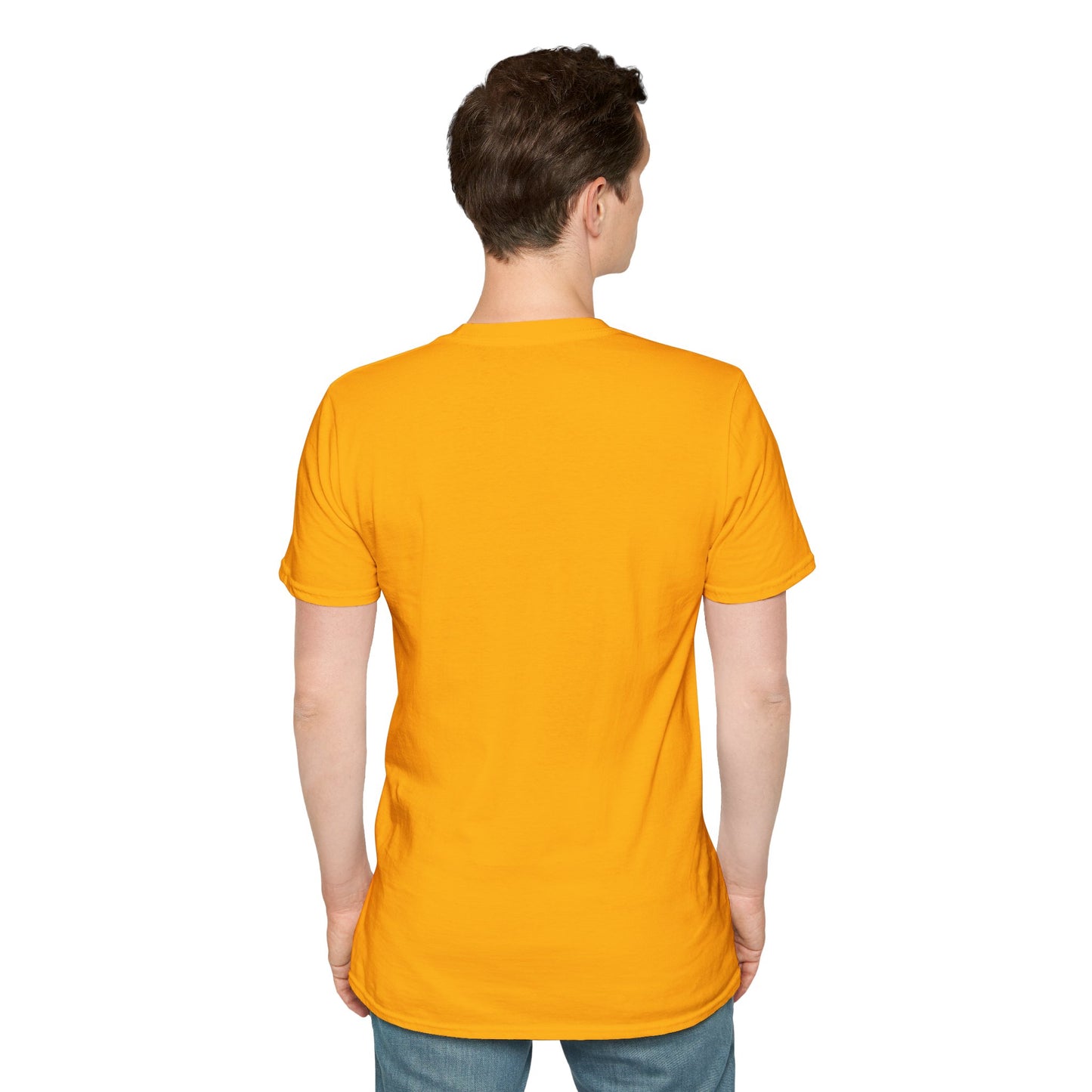Rear view of man wearing a plain bright orange short-sleeve t-shirt and blue jeans on white background