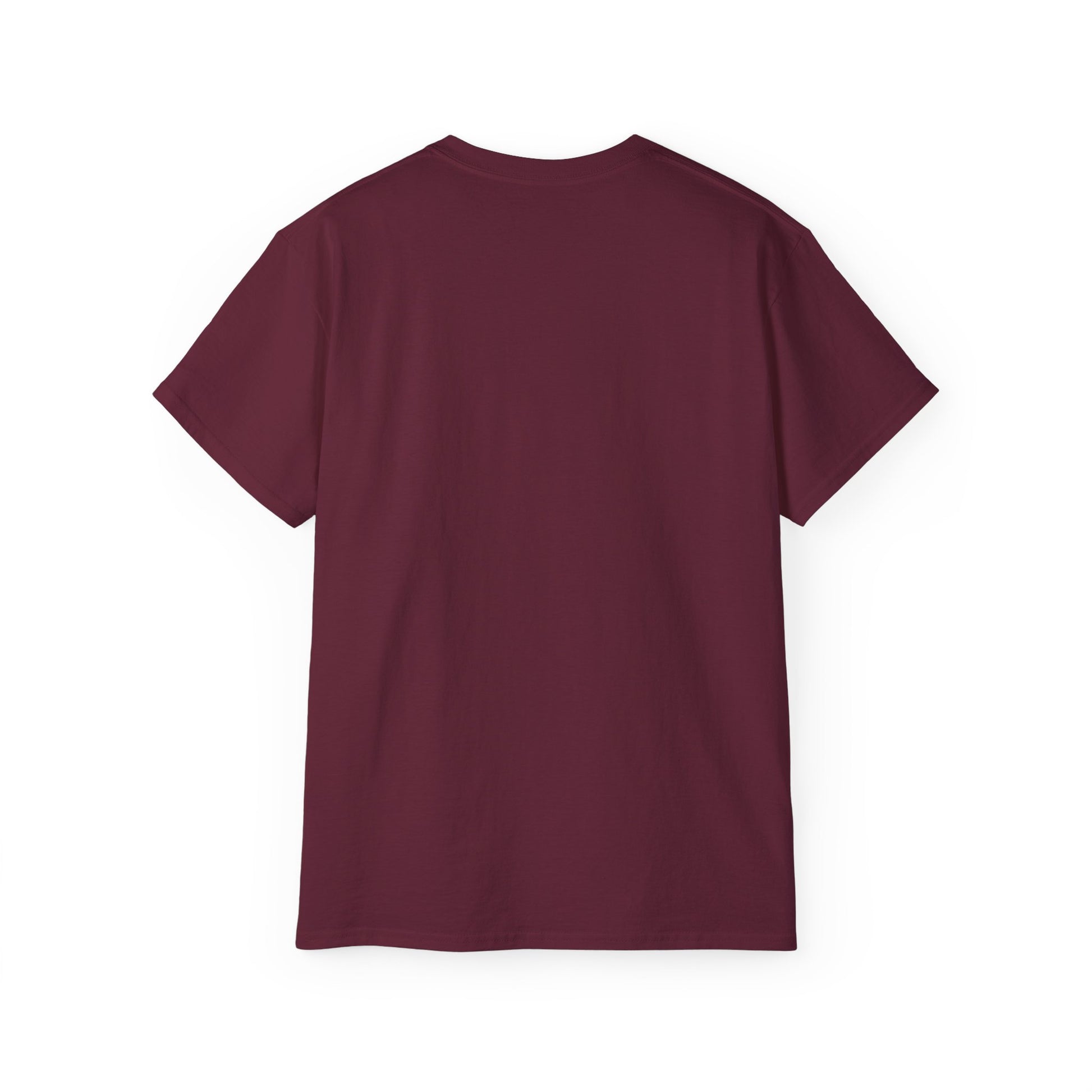 Back view of plain maroon short sleeve crew neck t-shirt on white background