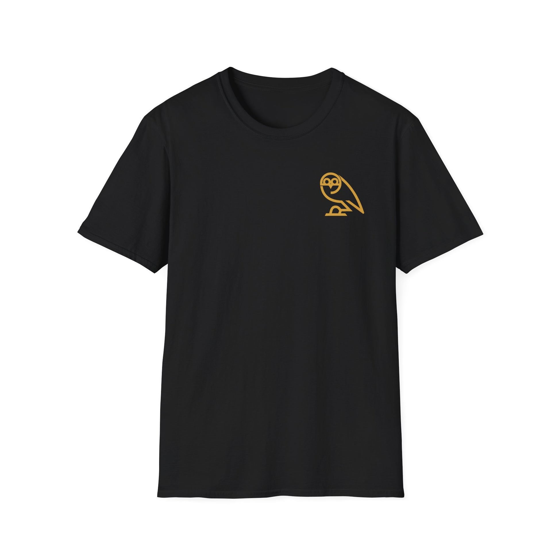 Black short-sleeve swfc t-shirt with small gold owl logo on left chest