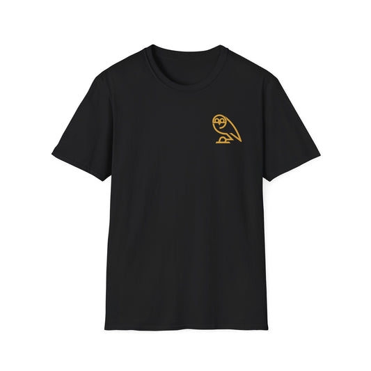 Black short-sleeve swfc t-shirt with small gold owl logo on left chest