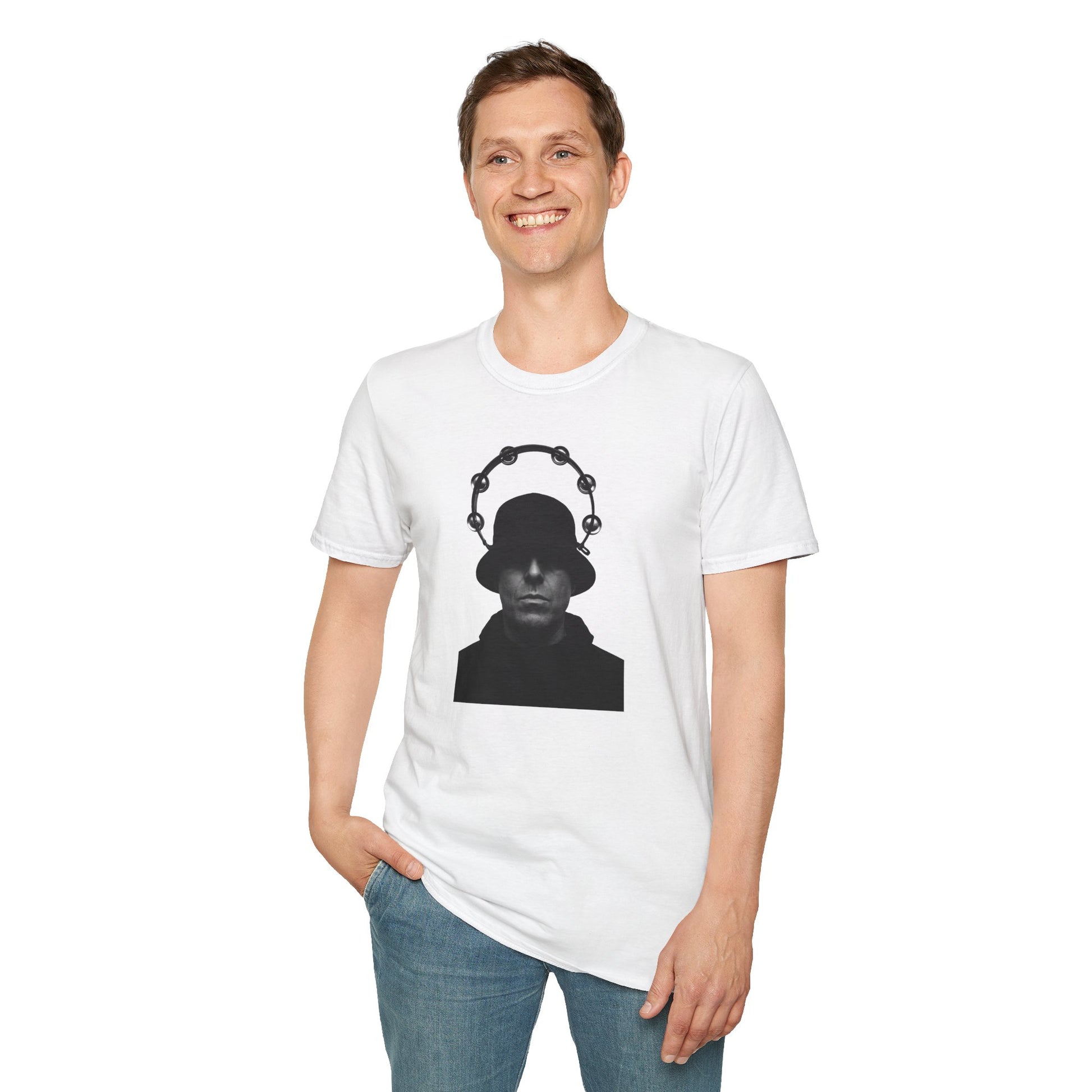 Oasis Liam Gallagher Shirt - Music Fashion | Durable DTG Print featuring black silhouette with tambourine halo on white cotton tee. Ideal for Britpop fans.