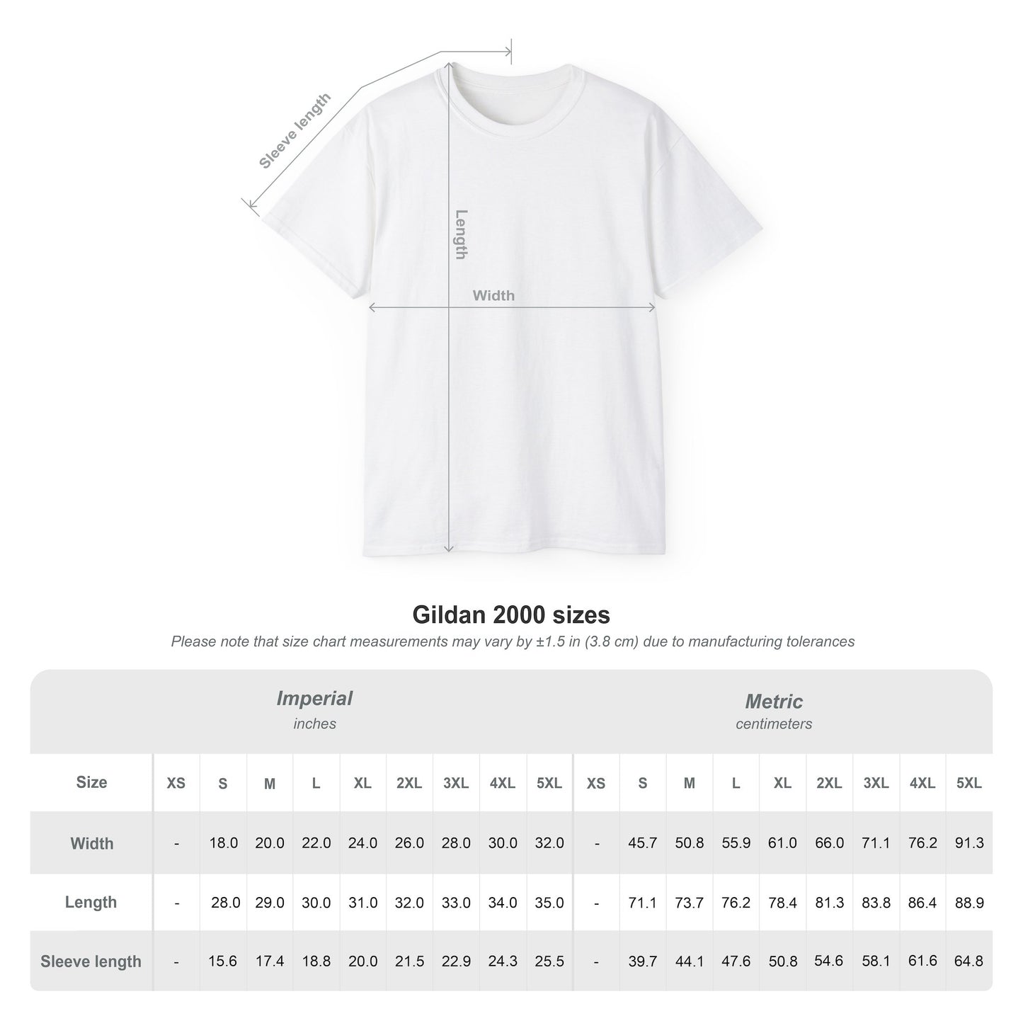 Gildan 2000 white t-shirt size chart with measurements for width, length, and sleeve length in inches and centimeters
