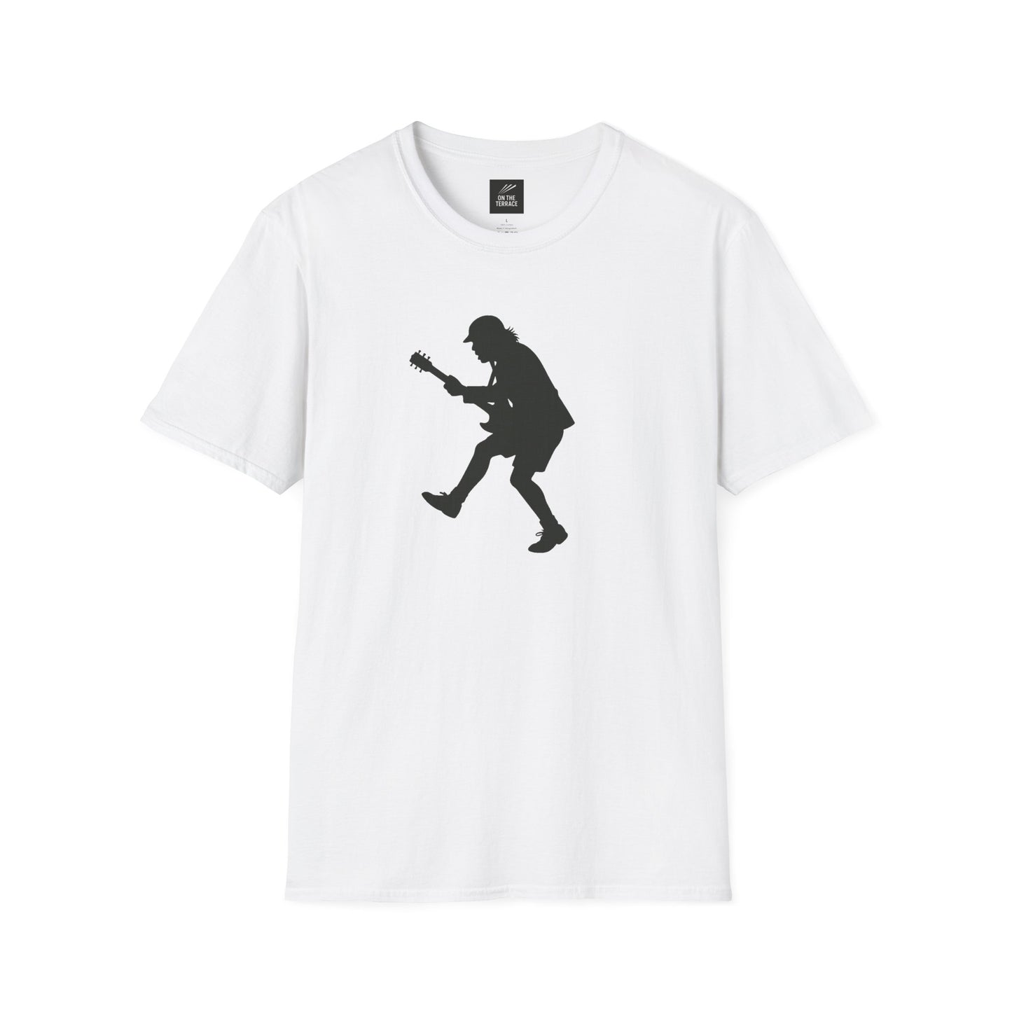 White t-shirt with black silhouette of a guitarist in mid-jump playing electric guitar