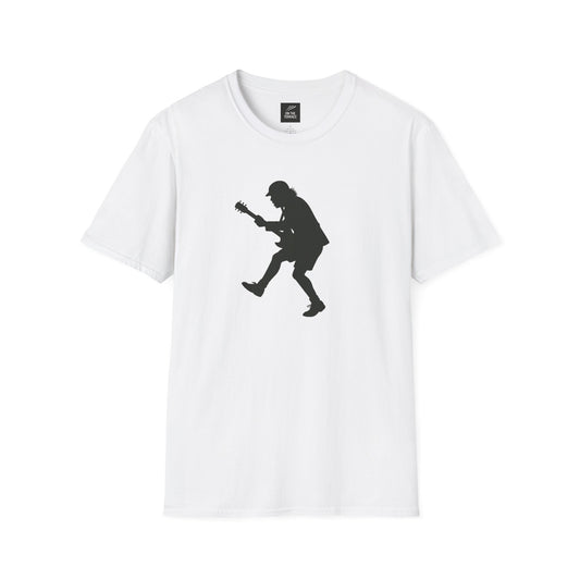 White t-shirt with black silhouette of a guitarist in mid-jump playing electric guitar
