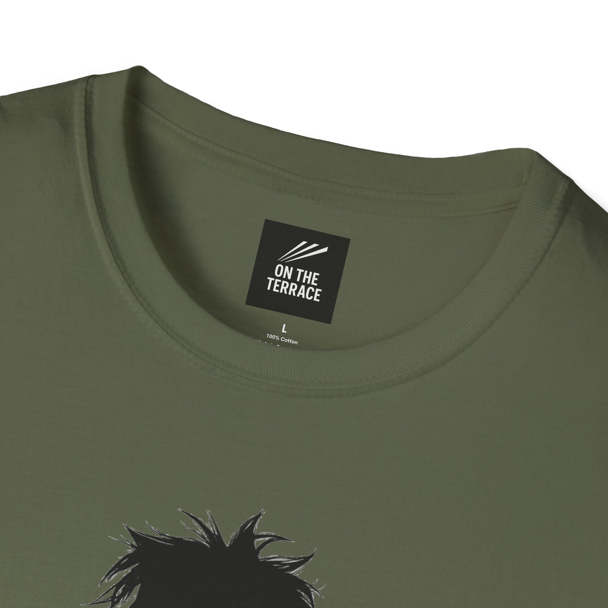 Olive green cotton T-shirt with On The Terrace brand label and black graphic design