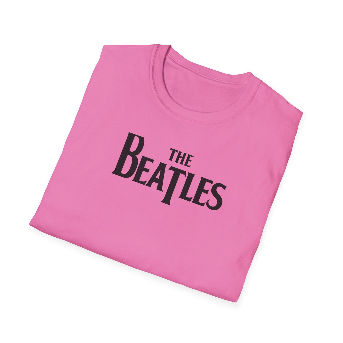Pink t-shirt with 'The Beatles' logo on a white background
