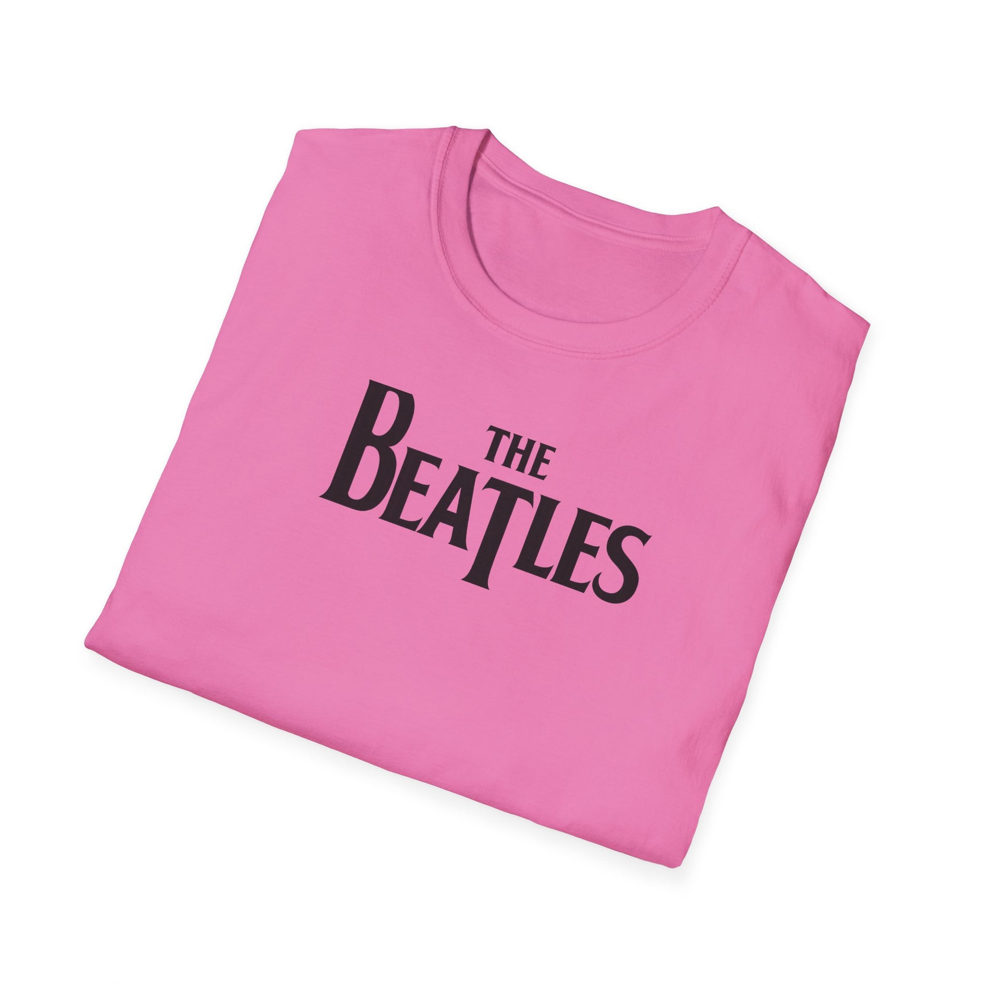Pink t-shirt with 'The Beatles' logo on a white background