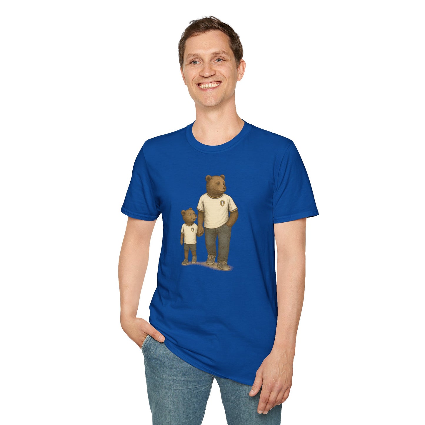 Smiling man wearing blue t-shirt with graphic of two bears holding hands, casual jeans outfit