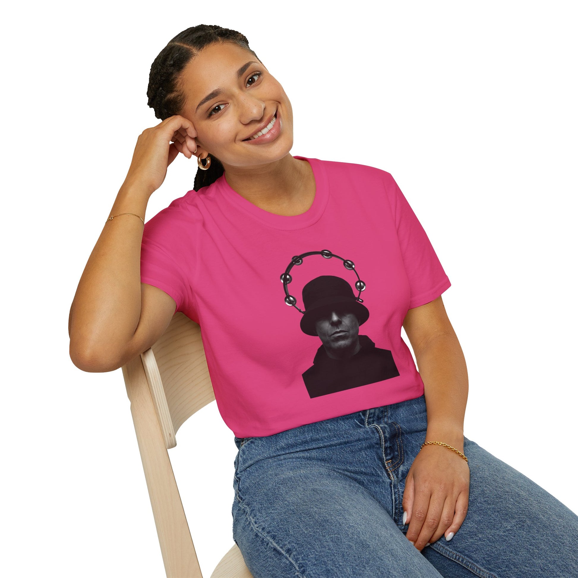 Oasis Liam Gallagher Shirt in pink with bold black silhouette and tambourine halo, perfect for Britpop fans and music fashion lovers.