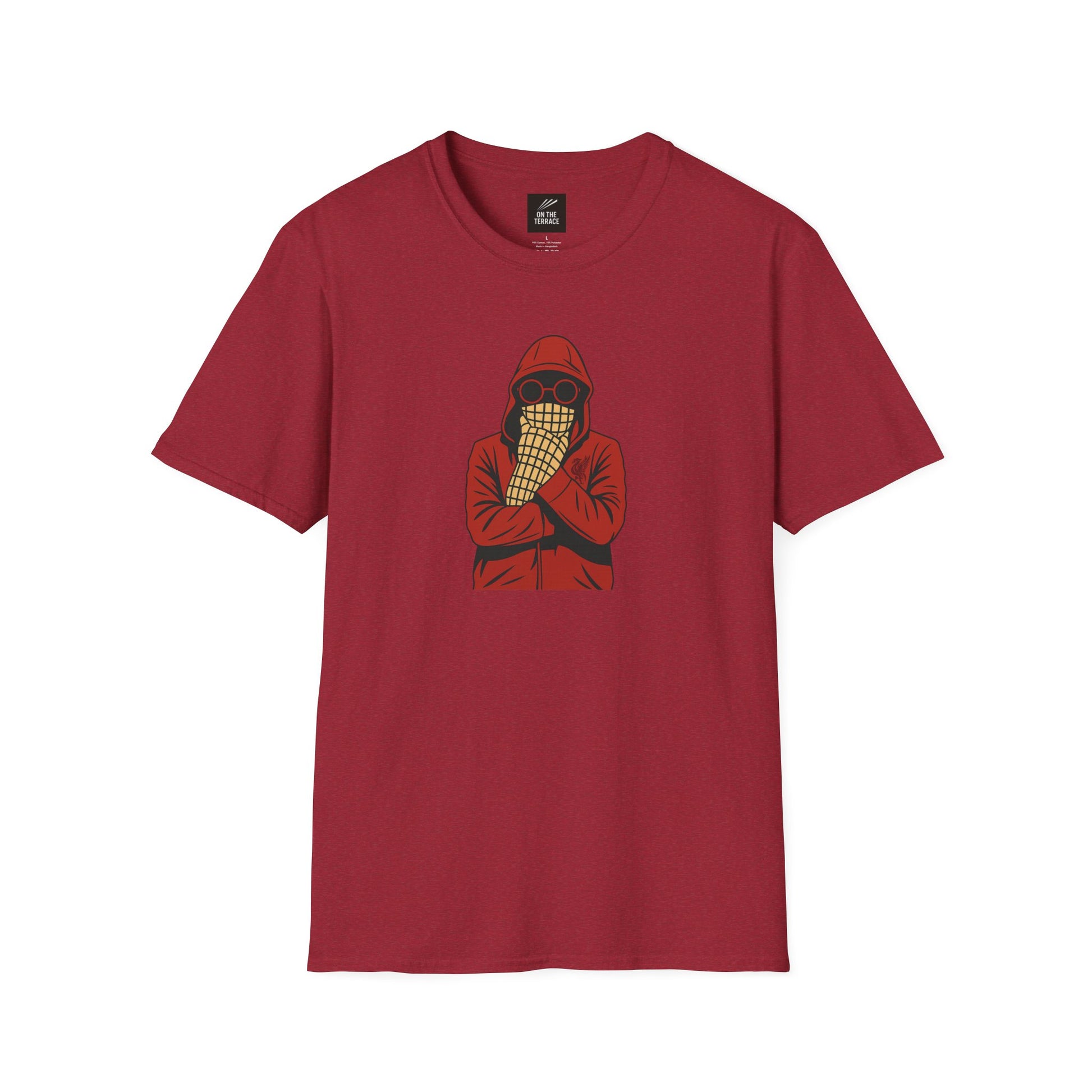 Maroon t-shirt with graphic of person wearing red hood, round sunglasses, and checkered face scarf